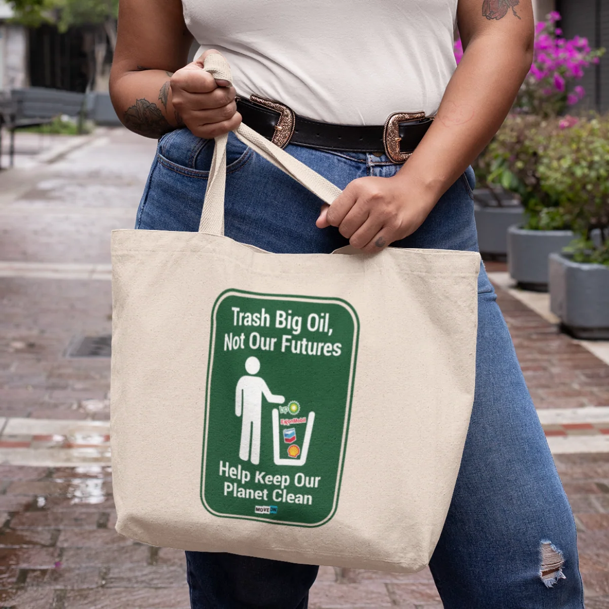 "Trash Big Oil, Not Our Futures" Recycled Canvas Tote Bag - Image 2